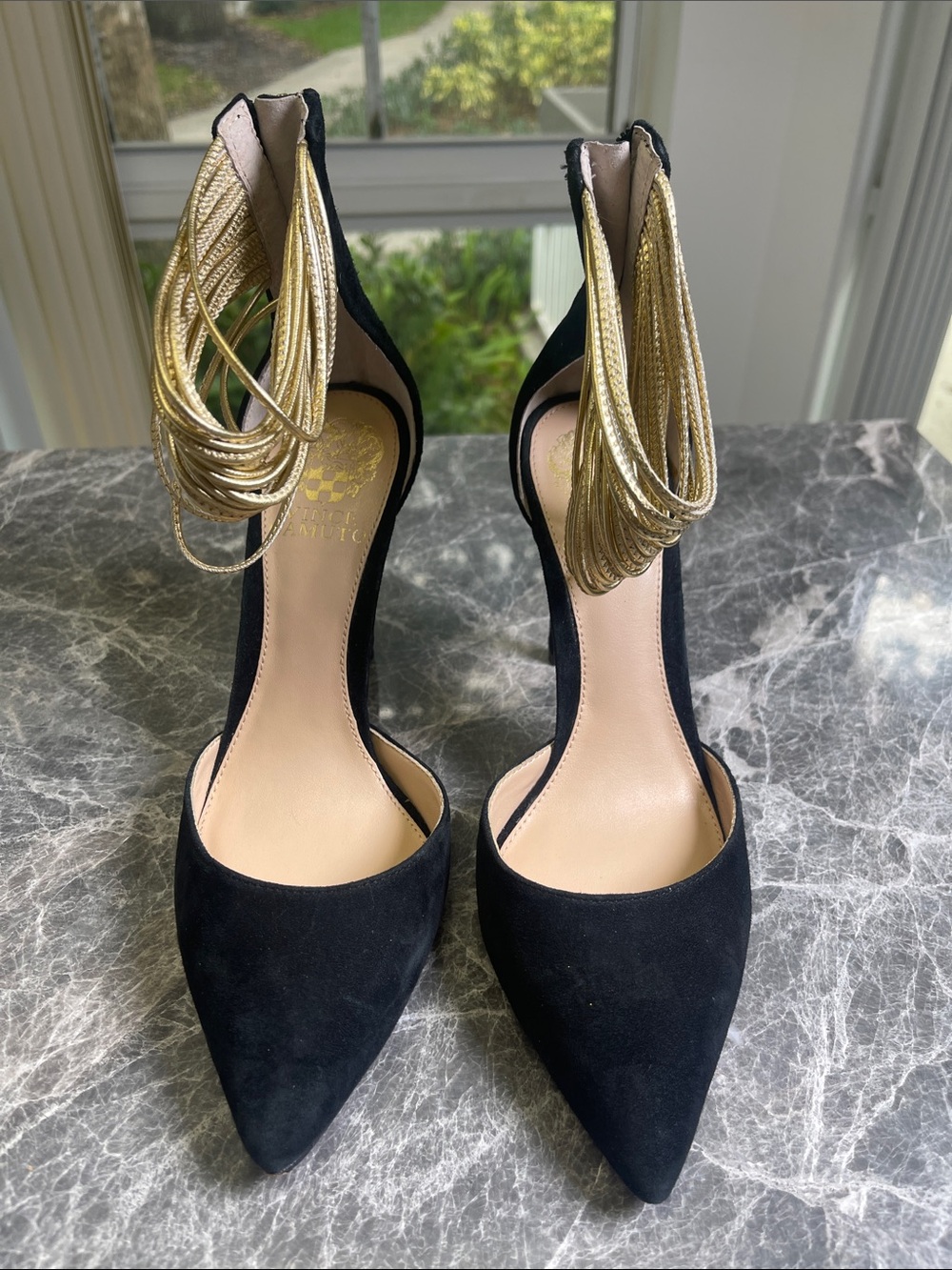 Vince Camuto Black Pointed-Toe Heels with Gold Ankle Wrap Cords